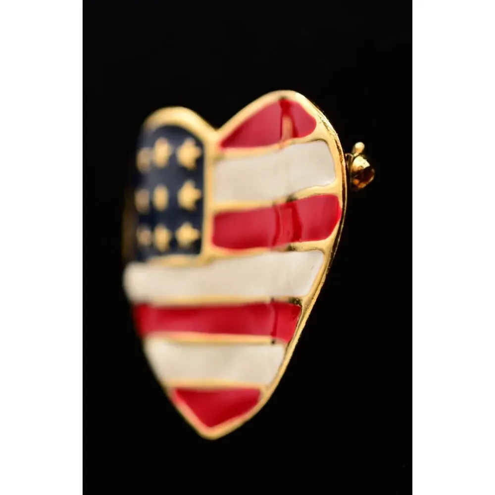 Vintage USA Heart Flag Pin Brooch American Red White Blue Gold Tone 1990s BinAT